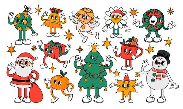 Vector illustration of Christmas retro element. Cartoon groovy 30s cute characters. Holiday symbols, new year stickers. Vintage Santa Claus and funny snowman, xmas angel, mascot tree and gift. Vector set