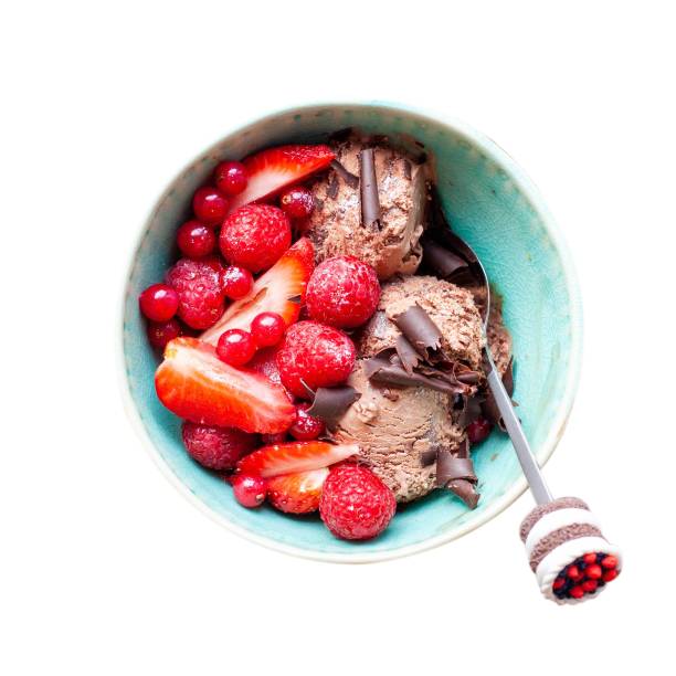 istock Chocolate ice cream with fresh berries, strawberry, red currant and raspberry isolated on white background, png. Summer inspiration 1601243583