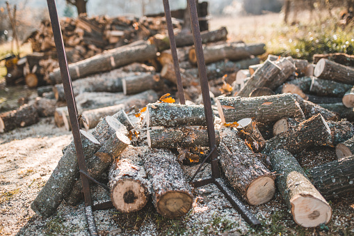 A close-up shot of the equipment used by a woodcutter while cutting firewood