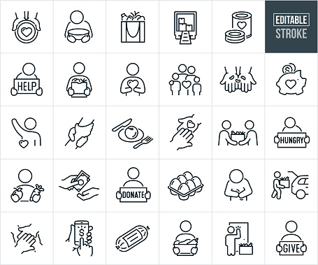 A set of food bank and food donation icons that include editable strokes or outlines using the EPS vector file. The icons include hands holding out a plate in hunger with a heart on it, hungry person holding an empty bowl, bag full of food and groceries, delivery truck with boxes of food, canned food, homeless person holding a help sign, person holding a bag of groceries, volunteer holding a heart, family with heart, hand holding out beans, piggy bank collecting monetary donations, food bank volunteer with hand raised, hand reaching down to rescue another, food on a plate, person providing a food donation in a box to a recipient, hungry person holding a sign reading 