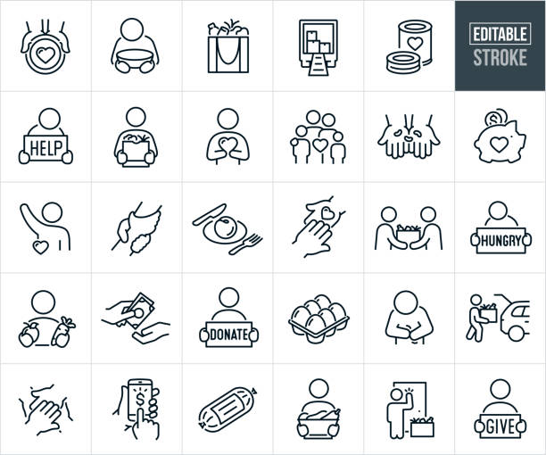 Food Bank And Food Donation Thin Line Icons - Editable Stroke A set of food bank and food donation icons that include editable strokes or outlines using the EPS vector file. The icons include hands holding out a plate in hunger with a heart on it, hungry person holding an empty bowl, bag full of food and groceries, delivery truck with boxes of food, canned food, homeless person holding a help sign, person holding a bag of groceries, volunteer holding a heart, family with heart, hand holding out beans, piggy bank collecting monetary donations, food bank volunteer with hand raised, hand reaching down to rescue another, food on a plate, person providing a food donation in a box to a recipient, hungry person holding a sign reading "hungry", person holding out food as a donation, hand giving out cash as a donation, person holding a "donate" sign, eggs, meat, person holding stomach due to hunger pains, person loading a box a food into a car, hand stack, online donation using smartphone, person holding a basket of vegetables, person at door step knocking to deliver a box of food to the hungry and a person holding a "give" sign. food bank stock illustrations