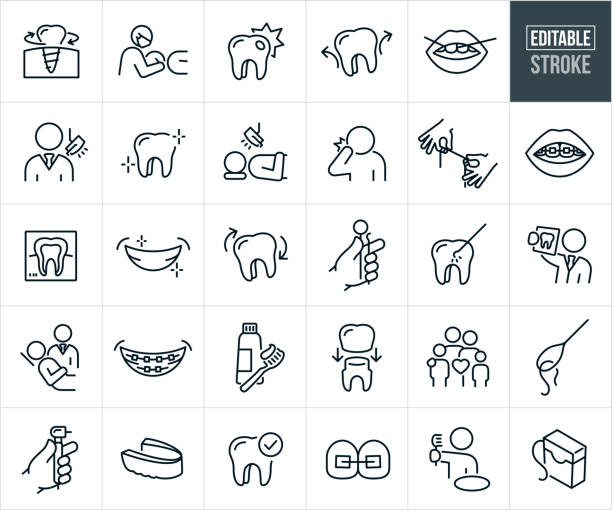 zahnarzt und kieferorthopäde dünne liniensymbole - bearbeitbarer strich - menschlicher-zahn stock-grafiken, -clipart, -cartoons und -symbole