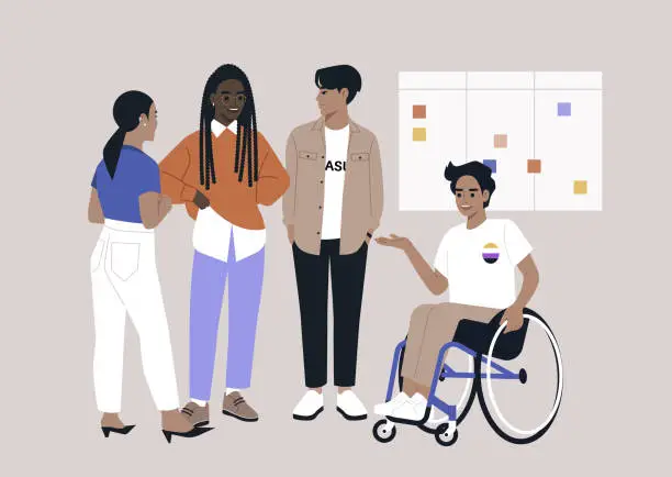 Vector illustration of Within an inclusive office environment, a diverse group of young millennial characters collaborates seamlessly on a project, engaged in a staff meeting