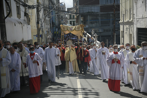 salvador, bahia, brazil - march 24, 2022: procession of supporters during the period of Corpus Christi in the Historic Center of Salvador.