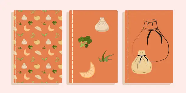 Vector illustration of Set page cover notebook, poster, postcard, flyer. Chinese food Vector card with Asian food elements.