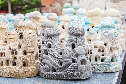 Traditional Cappadocia ceramic houses souvenir for sale at the market, Cappadocia, Turkey