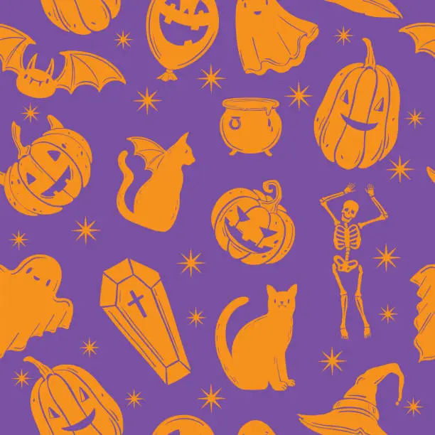 Vector illustration of Halloween seamless pattern, vector Holiday spooky background, cartoon cute funny pumpkin, cat, stars.