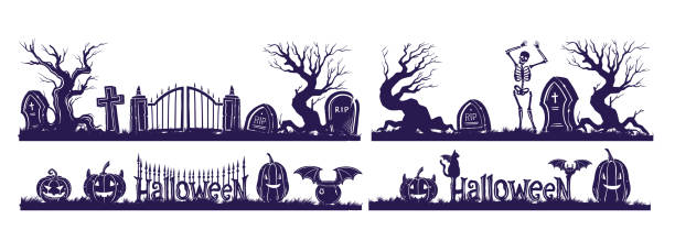 ilustrações, clipart, desenhos animados e ícones de conjunto de borda da silhueta do cemitério de halloween, fundo da cerca do cemitério do vetor, decoração de férias assustadora. - non urban scene silhouette fence gate