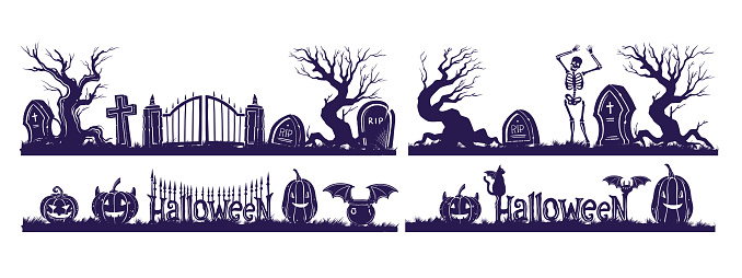 Cartoon creepy gravestone old tree, funny pumpkin, dancing skeleton tombstone. Halloween border frame