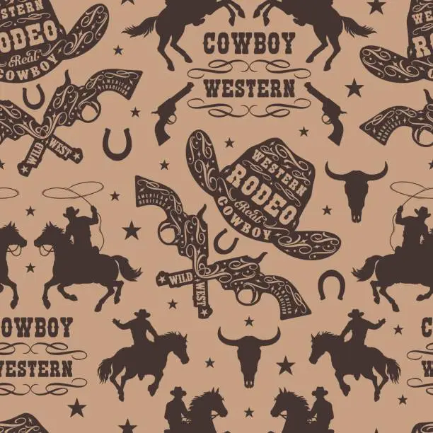 Vector illustration of Western cowboy monochrome pattern seamless