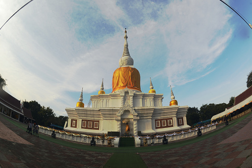 The pagoda is Phra That Na Dun a sacred place built for the prosperity of the region. It is the center of Buddhism and arts and culture. Located at Maha Sarakham Province in Thailand.