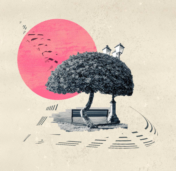 Creative art design with tree, sun and bench on nature landscape