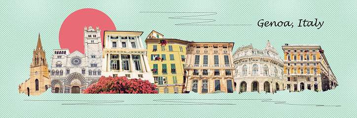 Collage or art design of facades of Italian buildings in old part of town Genoa, Italy.
