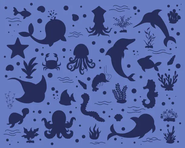 Vector illustration of Vector set of silhouettes of sea animals.