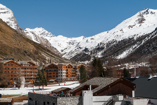 Ski resort of the French village of Val d'Isere in early spring in Alps mountains