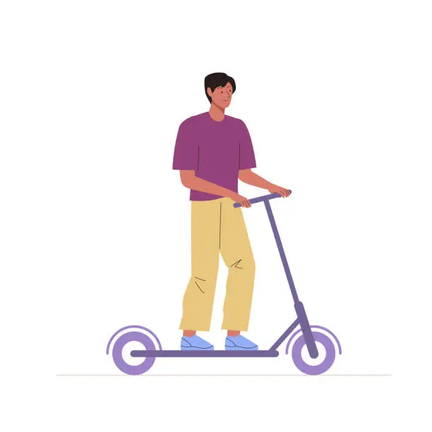 Vector illustration of Young man riding electric scooter. Smiling guy rider driving eco transport