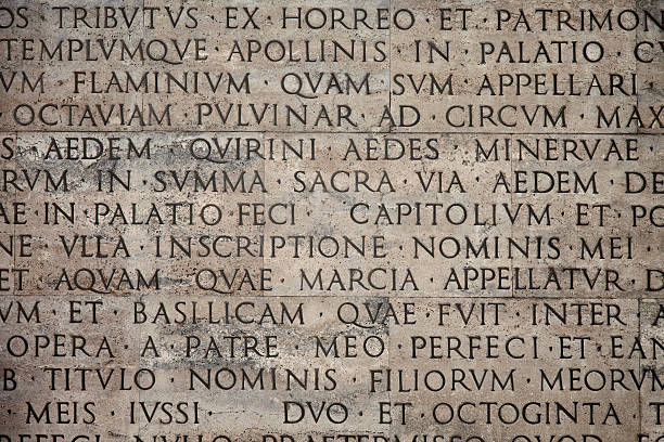istock Ancient latin text carved on marble monument wall 160134437