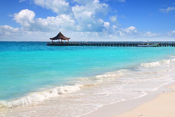 istock Caribbean sea truquoise beach pier hut 160134756