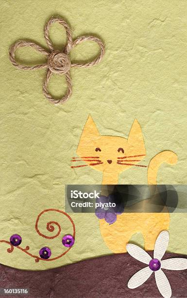 Papercraft Gatto E Fiore Sfondo Verde - Fotografie stock e altre immagini di Album di ritagli - Album di ritagli, Animale, Arti e mestieri