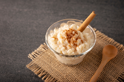 Rice pudding. Sweet dish made by cooking rice in milk and sugar, some recipes include cinnamon, vanilla or other ingredients, it is a very easy dessert to make and very popular all over the world.