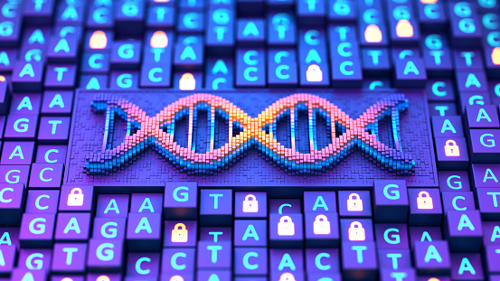 Digital screen with DNA strands and sequencing ATGC data background. Double helix structure. Nucleic acid sequence. Genetic research. 3d illustration.