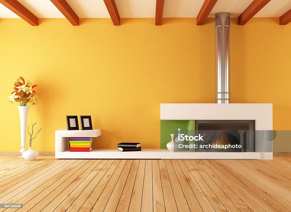 empty interior with minimalist fireplace bright empty modern interior with minimalist fireplace - rendering Apartment Stock Photo