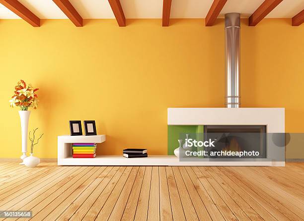 Empty Interior With Minimalist Fireplace Stock Photo - Download Image Now - Apartment, Book, Bookshelf