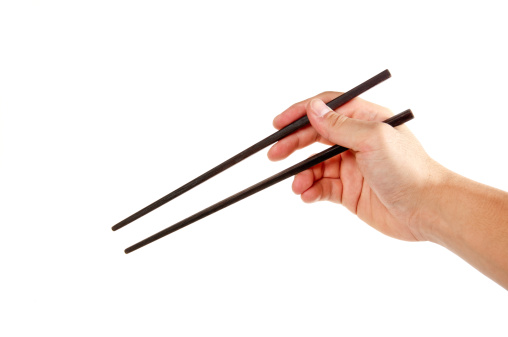 man's hand holding chopsticks isolated on white