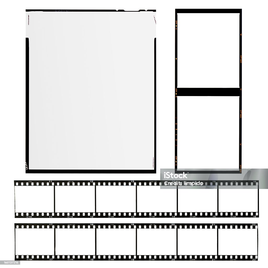 Arrangement of different formats of film set of different types of films, isolated on white Contact Sheet Stock Photo