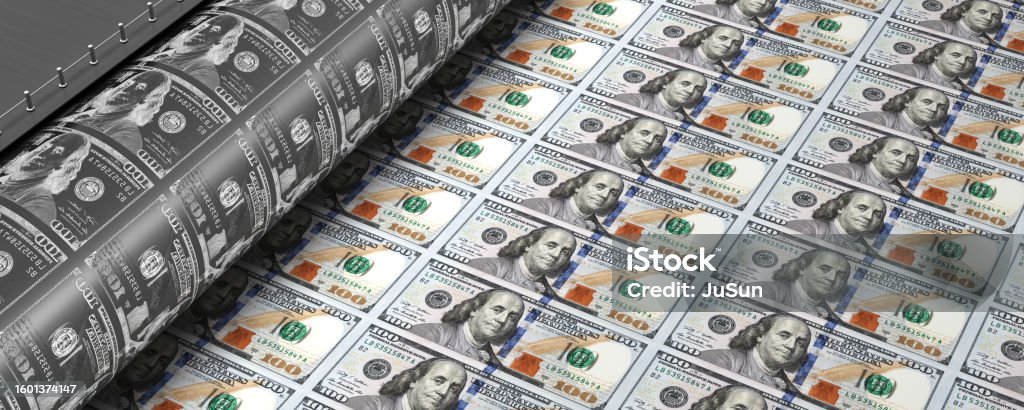 Printing new one hundred dollars banknotes in the currency printing machine. Cash money concept. 100$ banknotes motion. 3d animation. Currency Stock Photo