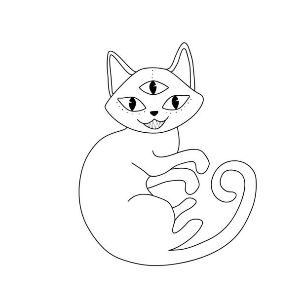 kot z trojgiem oczu, ilustracja na halloween, grafika liniowa, doodle, wektor - monster domestic cat kitten cute stock illustrations