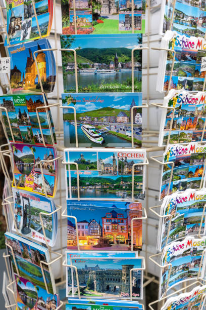 Traben Trarbach, Germany - August 8th 2023: Wish cards in a row in a shopping street in Germany.