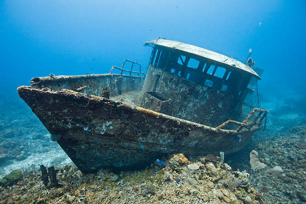 A shipwreck of the boat Mr. Bud The wreck of the Mr. Bud, a former shrimping boat, scuttled off the island of Roatan, Honduras and now used as a scuba diving site. sunken stock pictures, royalty-free photos & images