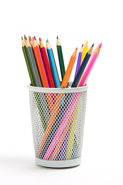 istock Color pencil stand in wire grid basket 160142648