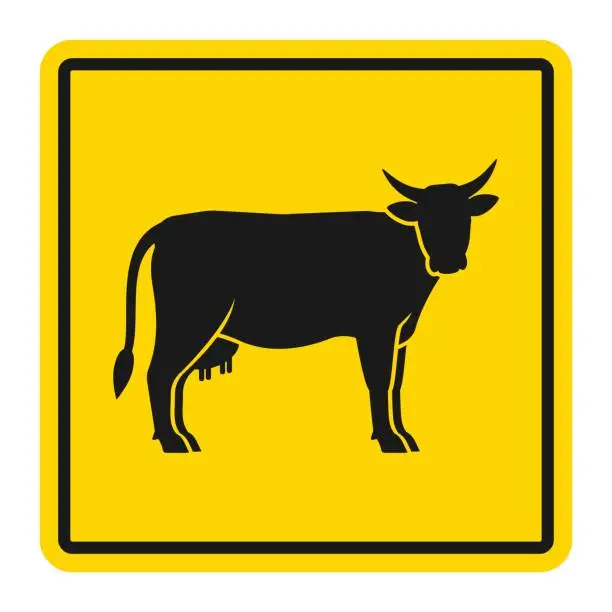 Vector illustration of Warning sign for cattle on the road. Silhouette of cow on yellow background