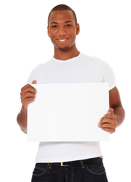 istock Black man holding blank white sign 160143812