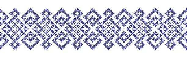 Vector illustration of Embroidered cross-stitch geometric weaving seamless border pattern