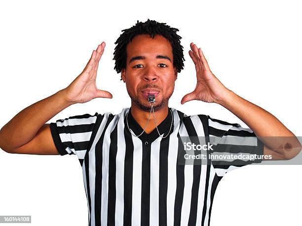 Black Male Referee Blowing A Whistle And Gesturing Stock Photo - Download Image Now - African Ethnicity, American Football - Sport, American Football Referee