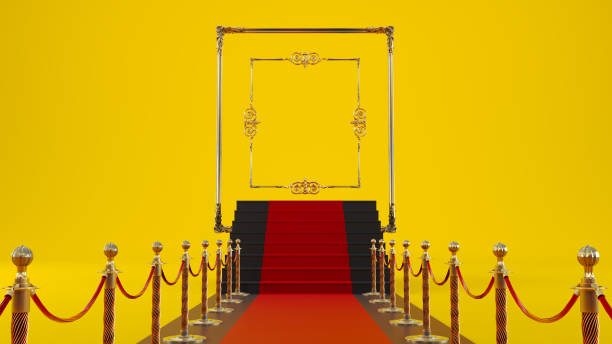istock red carpet barriers leading to a golden frame on colored background, vip concept 1601442788