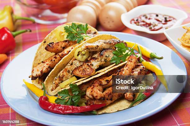 Grilled Chicken In Taco Shells Stock Photo - Download Image Now - Chicken Meat, Chili Pepper, Curry Powder