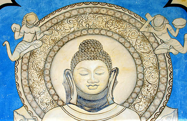 Buddhist mural, near temple in Sarnath, India Buddhist mural, near temple in Sarnath, Varanasi, India. (where the Buddha preached his first sermon) sarnath stock pictures, royalty-free photos & images