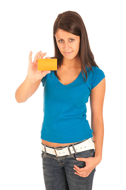 istock Beautiful young woman with contact card 160146036