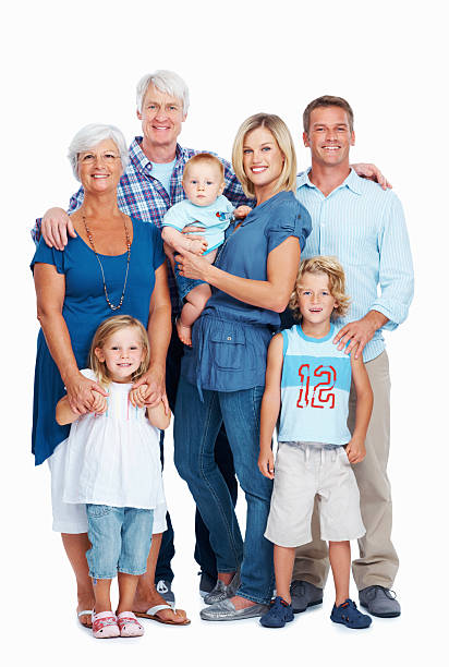 Generations Full length of a happy extended family isolated on a white background grandmother child baby mother stock pictures, royalty-free photos & images
