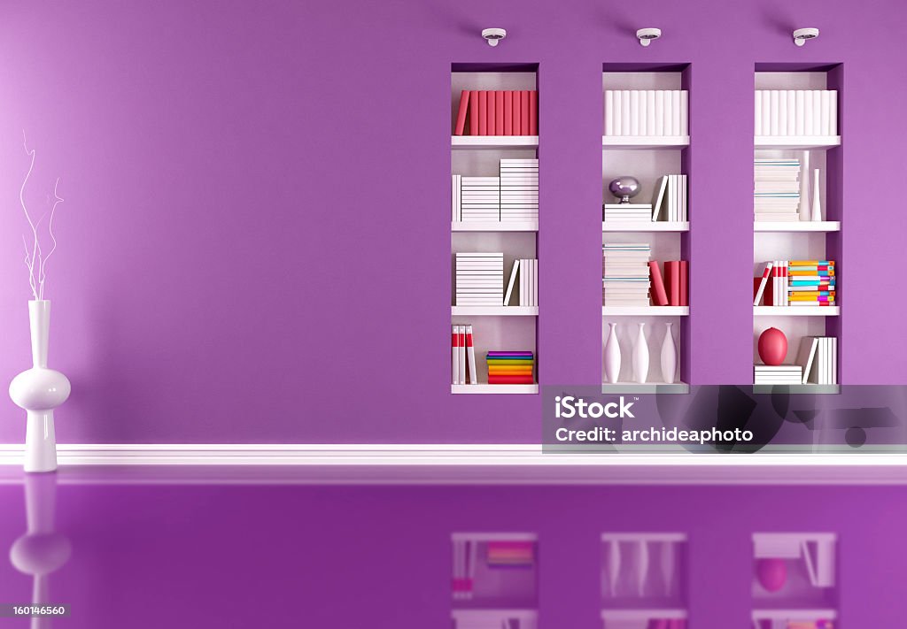 empty interior with bookcase Purple  minimalist empty interior with bookcase-rendering Apartment Stock Photo