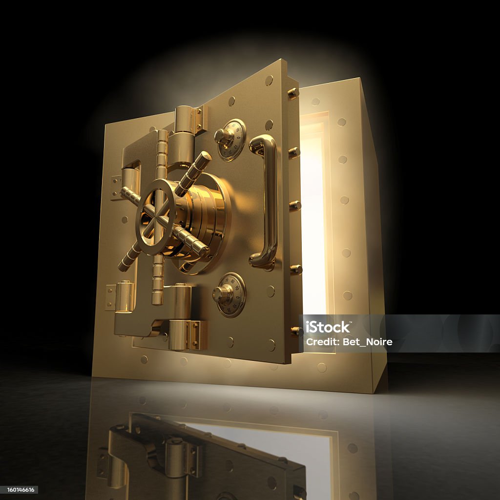 A metallic vault opening on a black background Opening vault and volume light on black background. 3d Concepts & Topics Stock Photo