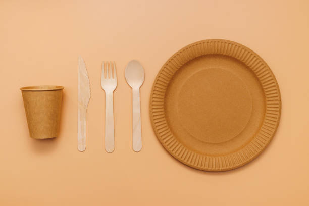 istock A set of disposable tableware on a brown background 1601483277