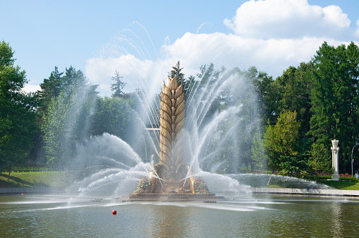 Moscow, Russia - June 20 , 2023: Fountain Golden Ear at the All-Russian Exhibition Center