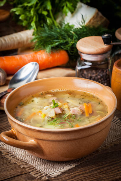 istock Pea soup with vegetables and bacon. 1601504411