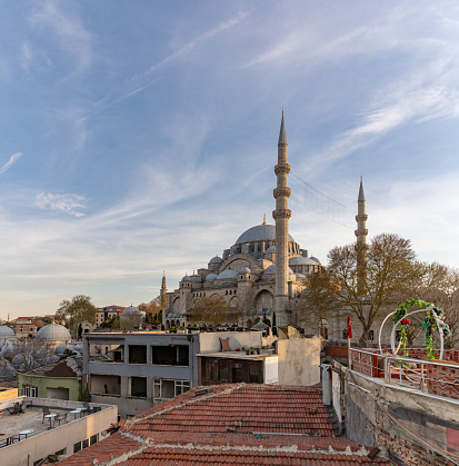 A picture of the Suleymaniye Mosque as seen nearby rooftops, in Istanbul.