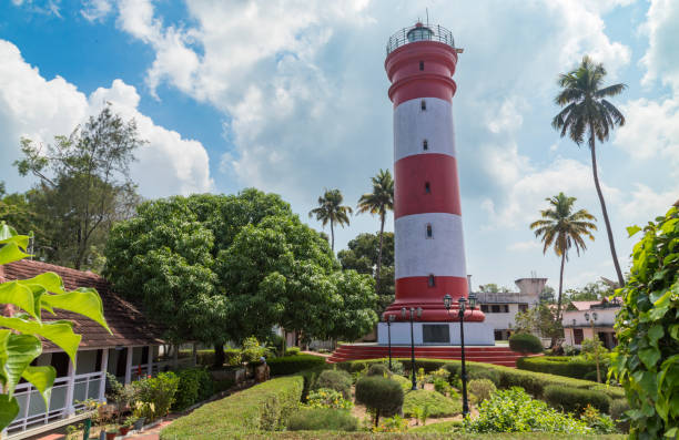 istock Alleppey Lighthouse with red and white stripes with palm trees on cloudless blue sky, Aleppuzha, Kerala, India 1601528883